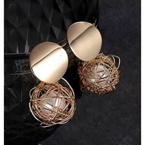 Gold Disc Wire Drop Pearl Earrings